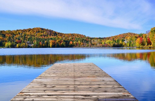 A dock on the water with trees in the background